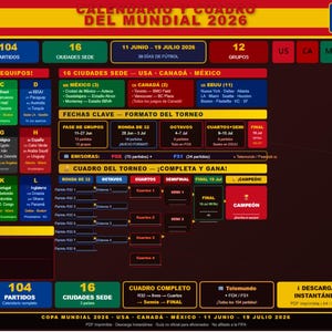 Peut inclure: Infographie détaillée de la Coupe du Monde de la FIFA 2026, avec les groupes d'équipes, les calendriers des matchs et les villes hôtes aux États-Unis, au Canada et au Mexique. Le design comprend des logos d'équipes, des dates et des informations de diffusion.