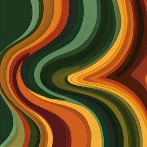 May include: Abstract digital art featuring flowing, layered bands of color. The design incorporates shades of green, orange, yellow, and brown, creating a wavy, textured pattern. The artwork has a retro, psychedelic vibe.