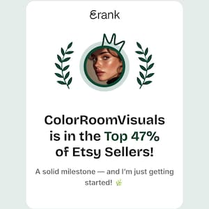 May include: A white card with the text "Erank" at the top, and a circular image of a person with a crown. The text "ColorRoomVisuals is in the Top 47% of Etsy Sellers!" is displayed below the image.