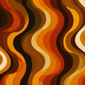 May include: Abstract wavy pattern in shades of brown, orange, and yellow. The design features layered, curved lines creating a retro, psychedelic effect. The color palette evokes a warm, earthy aesthetic.