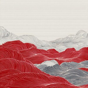 May include: Abstract landscape art print featuring a stylized depiction of rolling hills or waves. The artwork uses a line-art style with red, gray, and white colors. The design evokes a sense of depth and movement, with a minimalist aesthetic.