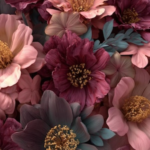 Może przedstawiać: Zbliżenie kompozycji kwiatowej z różnymi kwiatami w odcieniach różu, bordowego i fioletowego. Kwiaty mają szczegółowe płatki i złote środki, z kilkoma niebiesko-zielonymi liśćmi.