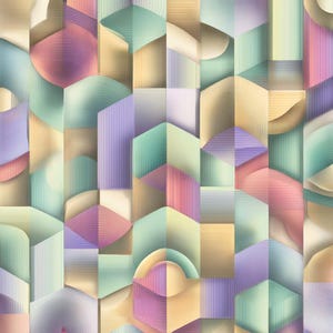 May include: Abstract geometric pattern featuring a repeating design of 3D shapes in pastel colors. The design includes a variety of forms, including hexagons, arches, and curved elements, creating a visually dynamic and textured effect. Colors include shades of purple, green, and yellow.