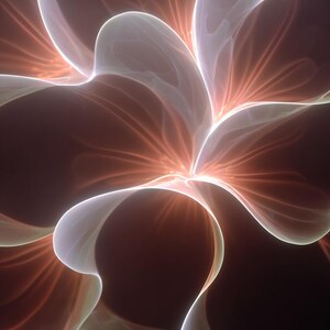 Op de afbeelding: Abstracte digitale kunst van een gloeiende, bloemachtige vorm. De afbeelding toont zachte, witte, bloembladachtige vormen die uitstralen vanuit een centraal punt van licht. Warme oranje en rode tinten stralen uit het midden en creëren een gevoel van diepte en helderheid.