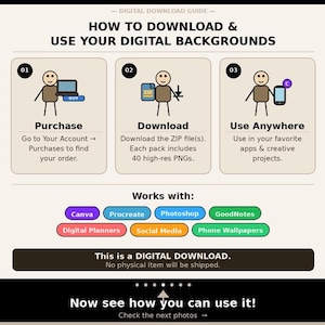 May include: A digital download guide with instructions on how to download and use digital backgrounds. The guide includes steps for purchasing, downloading, and using the backgrounds in various apps. The guide also lists compatible software such as Canva and Photoshop.