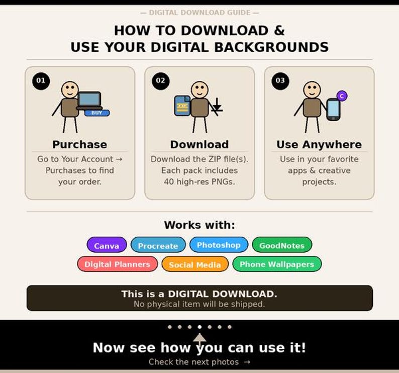 May include: A digital download guide with instructions on how to download and use digital backgrounds. The guide includes steps for purchasing, downloading, and using the backgrounds in various apps. The guide also lists compatible software such as Canva and Photoshop.
