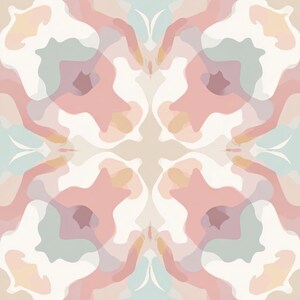 May include: Abstract watercolor pattern in soft pastel colors. The design features overlapping shapes in shades of pink, peach, cream, and muted green, creating a symmetrical, floral-like composition against a beige background.