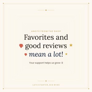 May include: A cream-colored graphic with the text "Favorites and good reviews mean a lot!" and the phrase "Your support helps us grow." The design includes heart and star symbols, and the words "A Note From The Shop" and "Late Starter, Big Wins."