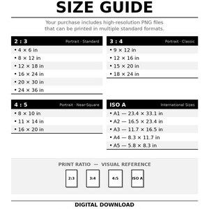 May include: A white size guide chart with black text. It lists print sizes in inches for various aspect ratios, including 2:3, 3:4, 4:5, and ISO A formats. The guide also includes a visual reference for print ratios.