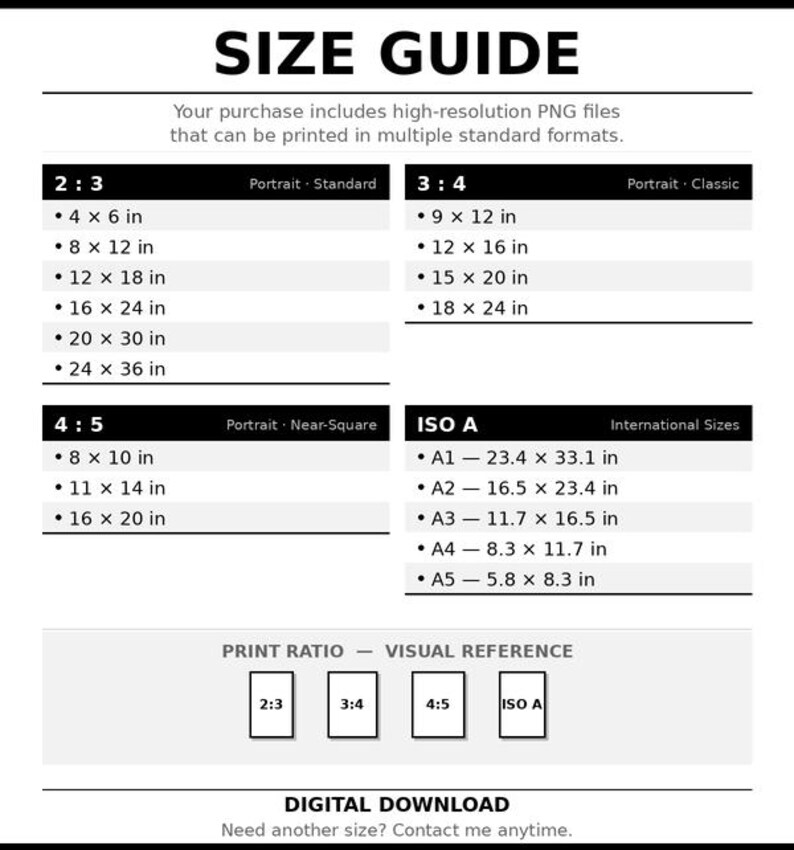 May include: A white size guide chart with black text. It lists print sizes in inches for various aspect ratios, including 2:3, 3:4, 4:5, and ISO A formats. The guide also includes a visual reference for print ratios.