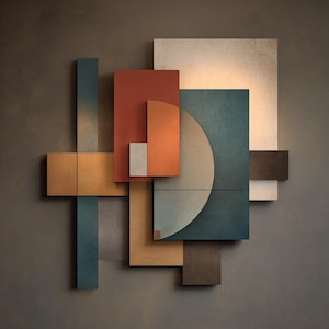 Peut inclure: Art mural abstrait présentant une composition en couches de formes géométriques de différentes couleurs. L'œuvre comprend des rectangles, des carrés et un demi-cercle dans des tons de teal, orange, marron et beige, créant un design moderne et texturé.