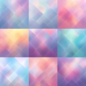 May include: Nine abstract backgrounds with a geometric pattern of overlapping diagonal lines. The color palette includes soft gradients of pink, purple, blue, and yellow, creating a blurred, ethereal effect. The overall design is modern and versatile.