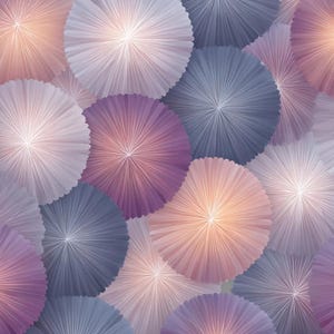 May include: An abstract image featuring a pattern of layered, fan-shaped paper decorations. The color palette includes soft hues of pink, purple, and blue, creating a visually appealing and textured design. The circular shapes overlap, adding depth.