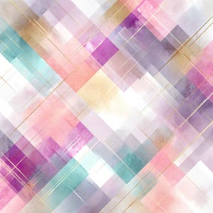 May include: Abstract watercolor design featuring overlapping geometric shapes in shades of pink, purple, teal, and gold. The design includes diagonal lines and a textured appearance, creating a modern and artistic aesthetic.