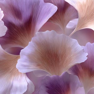 May include: Close-up of overlapping ginkgo leaves in shades of purple, lavender, and tan. The leaves have a delicate, fan-like shape with intricate veining, creating a soft, textured pattern. The image has a dreamy, artistic quality.