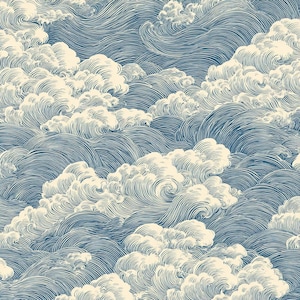 May include: A repeating pattern showing stylized waves and clouds in shades of blue and cream. The design has a textured, artistic quality, with detailed lines defining the waves and fluffy clouds. The overall effect is reminiscent of a woodcut.