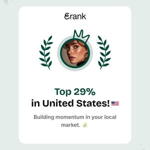 May include: A white card with the text "Erank" at the top, a circular image of a person, and the words "Top 29% in United States!" with a small American flag. The card also includes the text "Building momentum in your local market."