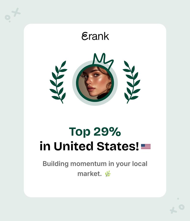 May include: A white card with the text "Erank" at the top, a circular image of a person, and the words "Top 29% in United States!" with a small American flag. The card also includes the text "Building momentum in your local market."