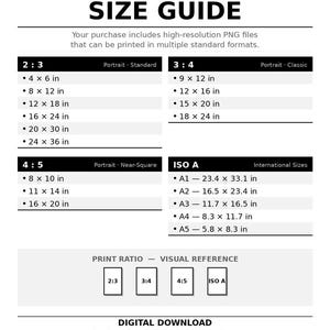 May include: A white size guide chart with black text. It lists print sizes in inches for various aspect ratios, including 2:3, 3:4, 4:5, and ISO A formats. The guide also includes a visual reference for print ratios.