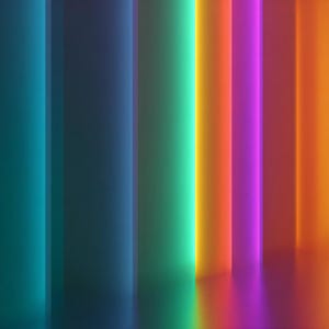 May include: Abstract image featuring vertical bands of color. The colors transition from teal to deep blue, green, yellow, pink, red, and orange. The bands create a sense of depth and a gradient effect, with light reflecting on the surface.
