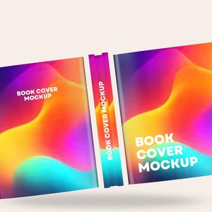 May include: A book cover mockup with a vibrant, abstract design. The cover features a blend of colors, including purple, orange, and yellow, with the text "BOOK COVER MOCKUP" in white. The spine is also visible, with the same text.