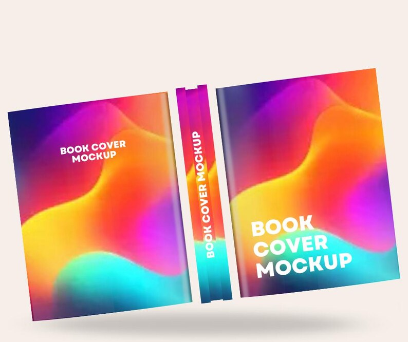 May include: A book cover mockup with a vibrant, abstract design. The cover features a blend of colors, including purple, orange, and yellow, with the text "BOOK COVER MOCKUP" in white. The spine is also visible, with the same text.