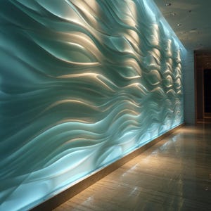 May include: A wall installation featuring a flowing, wave-like design. The wall is illuminated with a soft, blue-green light, creating a sense of depth and movement. The lighting highlights the curves and textures of the wall.