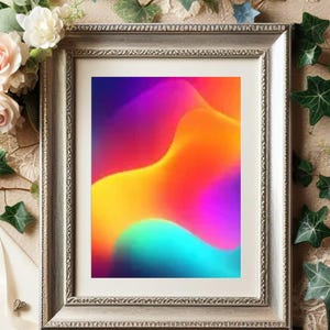 May include: A framed abstract art print with a vibrant, colorful design. The artwork features a gradient of colors, including blue, purple, orange, and yellow. The frame is silver and the print is surrounded by floral decorations.