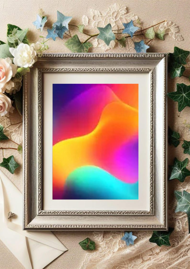 May include: A framed abstract art print with a vibrant, colorful design. The artwork features a gradient of colors, including blue, purple, orange, and yellow. The frame is silver and the print is surrounded by floral decorations.