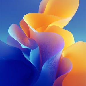 May include: Abstract digital artwork featuring fluid, organic forms in orange, yellow, purple, and blue hues. The shapes are layered and three-dimensional against a gradient blue backdrop, creating a sense of depth and movement.
