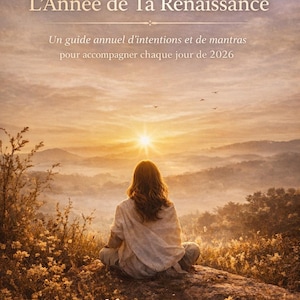 May include: A book cover with the title "2026 - L'Année de Ta Renaissance" and the text "Un guide annuel d'intentions et de mantras pour accompagner chaque jour de 2026". The image shows a person meditating on a rock, facing a sunrise over a mountain range. The author's name is "Alma Lumia".