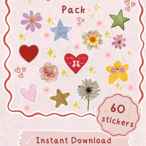 Puede incluir: Pack de pegatinas digitales con diseños florales, estrellas y corazones en tonos rosa, amarillo y verde. Incluye el texto "Digital Stickers Pack" y "60 stickers". Descarga instantánea para GoodNotes / iPad.