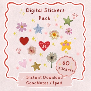 Puede incluir: Un conjunto de pegatinas digitales con estrellas, corazones y flores de varios colores. Se muestra el texto "Digital Stickers Pack" y "60 stickers". Diseñado para GoodNotes en iPad, descarga instantánea.