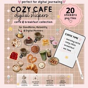Puede incluir: Conjunto de pegatinas digitales con ilustraciones de café y desayuno. La imagen incluye el texto "COZY CAFE digital stickers" y "coffe & breakfast collection". El conjunto incluye 20 archivos PNG para planificadores digitales. También incluye un bloc de notas con las palabras "COFFE TIME".