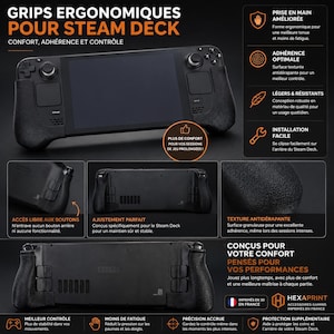 Peut inclure: Poignées ergonomiques noires pour console de jeu portable Steam Deck. Le produit présente une surface texturée antidérapante conçue pour se fixer à l'arrière de l'appareil, offrant une meilleure prise en main, confort et contrôle.