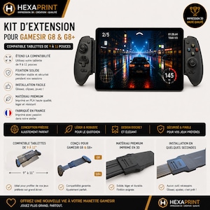May include: A black 3D printed extension kit for GameSir G8 and G8+ controllers, designed to hold tablets between 9 and 11 inches. The kit features a secure mounting mechanism, a lightweight build, and includes text detailing compatibility and features.