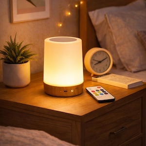Op de afbeelding: Cilindrische bedlamp met een houten voet en een mat wit bovenstuk. Een afstandsbediening met gekleurde knoppen ligt in de buurt. Een kleine potplant en een klok staan ook op het nachtkastje.