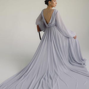 sachin and babi light blue dress A-Line Floor-Length V-Neck Short Sleeve Chiffon Sweep Train Illusion Lace  Vow Renewal Dress main image 1