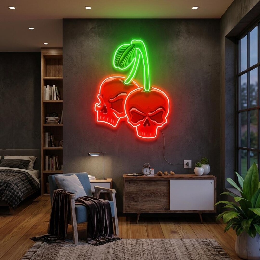 Skull Cherry LED Neon Acrylic Artwork, Gothic Cherry Neon Sign