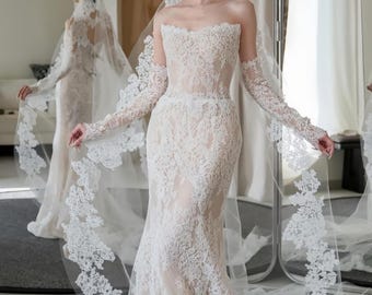 Abito da sposa a sirena in pizzo, abito da sposa senza spalline