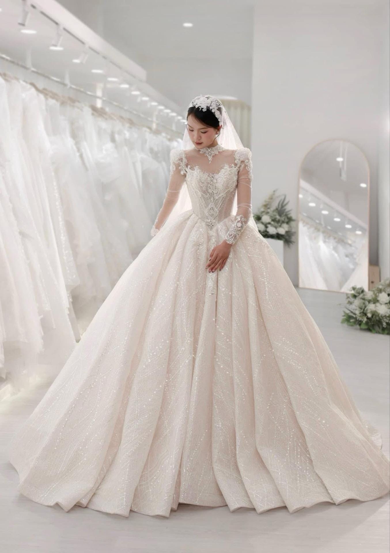 Luxury Illusion Neck Beaded Ball Gown Wedding Dress