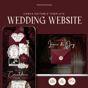 May include: A Canva editable wedding website template featuring a dark red theme with a mobile phone and laptop display. The design includes ornate white lace-style frames, a digital envelope with a wax seal, and text reading Jeena & Jay.