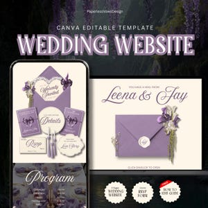 May include: A Canva editable wedding website template featuring a light purple and cream color scheme. The design includes digital envelopes, RSVP cards, and a program layout with floral accents and the text Leena & Jay and Wedding Website.