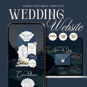 May include: A digital wedding website template displayed on a smartphone and laptop screen. The design features dark blue envelopes, white cards with text, pearl accents, and a countdown timer. Text includes Wedding Website, You are warmly invited, Jeena & Jay, and RSVP.