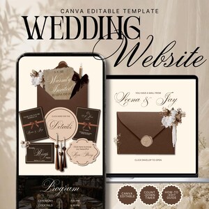 Puede incluir: Una plantilla de sitio web de bodas editable en Canva mostrada en una pantalla de teléfono inteligente y tableta. El diseño presenta una paleta de colores marrón oscuro y crema con acentos florales, sellos de cera y texto que incluye "Wedding Website", "You Are Warmly Invited" y "Leena & Jay".