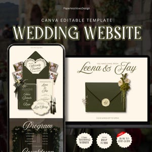 Olive green and ivory floral wedding website template with RSVP | digital wedding invitation | wedding countdown timer | canva editable