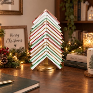 Peut inclure: Une sculpture décorative de table en forme de sapin de Noël, composée de livres empilés avec des pages blanches et des tranches alternant le rouge, le vert et l'or. La structure repose sur un support central en métal doré à base ronde.