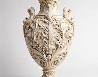 May include: An off-white decorative vase with detailed floral and leaf carvings. The vase has a wide, fluted top, ornate handles, and a detailed pedestal base. The design is classical and elegant, suitable for home decor. The height is approximately 60 cm.