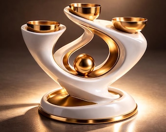 May include: A white and gold candle holder featuring three circular bowls for candles arranged on a curved, flowing structure. A polished gold sphere is suspended in the center of the white base, which is accented with a gold rim at the bottom.