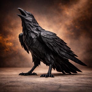 Puede incluir: Una detallada escultura de un cuervo negro con el pico abierto, de pie sobre una superficie de madera. Las plumas del ave están intrincadamente diseñadas, y el fondo tiene un efecto borroso y cálido. El cuervo es una llamativa obra de arte.